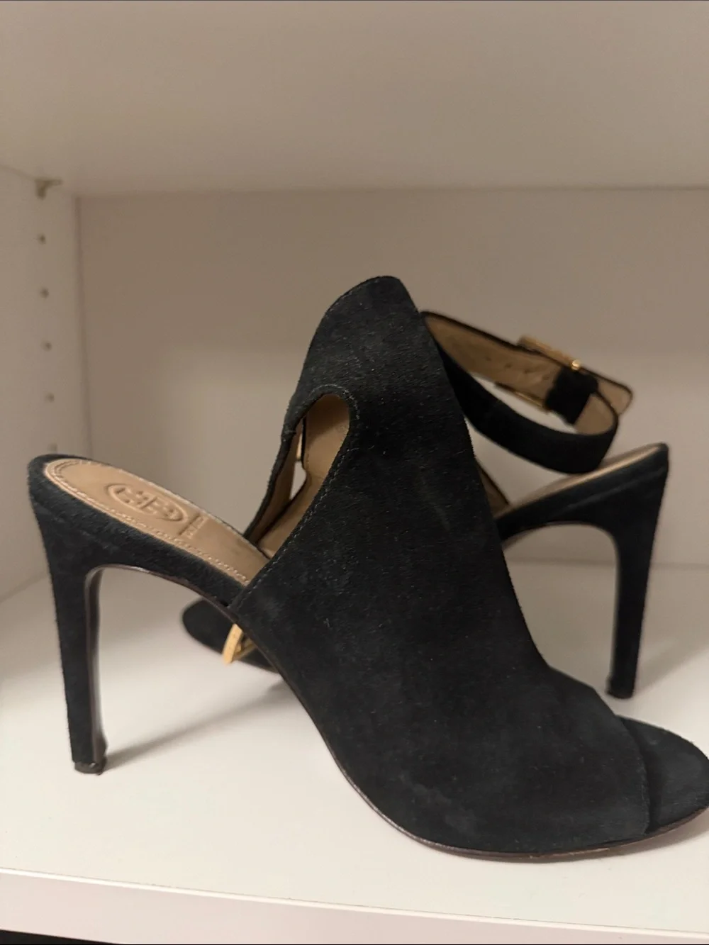 Tory Burch Black Suede Open-Peep Toe Heels